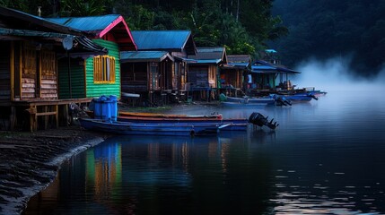 Fototapeta premium Colorful riverside huts at dawn, mist rising over lake, tranquil scene
