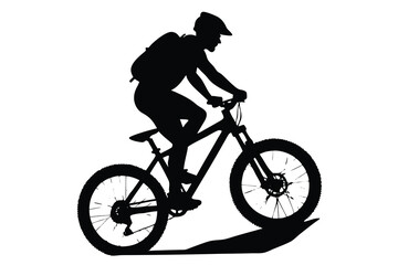 Fototapeta premium Silhouette of Biker on Mountain Bike with Backpack and Helmet on White