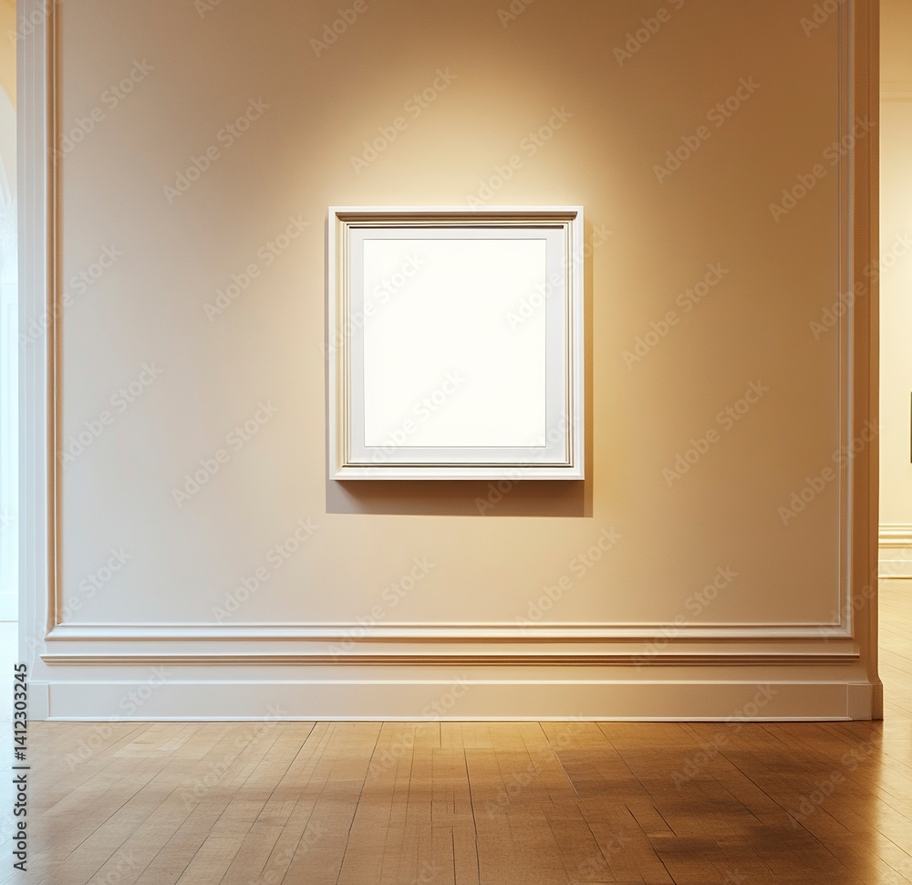 Poster an empty white photo frame hangs on the wall of an art gallery, with the inside visible in soft ligh