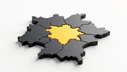 Fototapeta premium Puzzle pieces coming together to form a map shape in monochrome and bright yellow