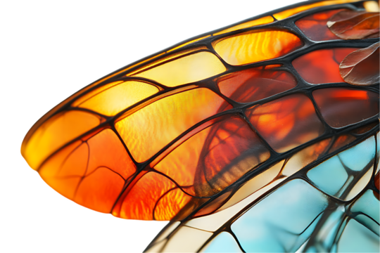 Translucent Insect Wing: Amber, Orange, and Blue, Veined Macro Detail on White.
