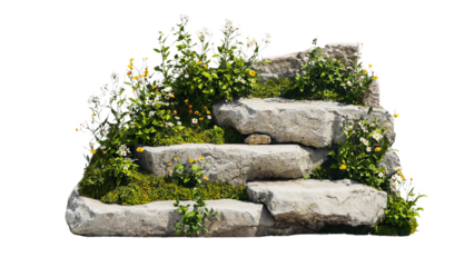Png of Natural stone steps adorned with vibrant flowers and greenery, creating a serene and inviting outdoor atmosphere.