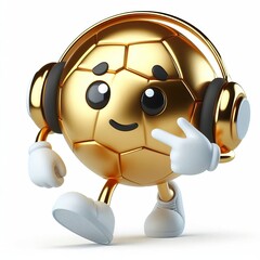 Fototapeta premium Animated character 3D image of a happy white gold soccer ball, cute design, white background