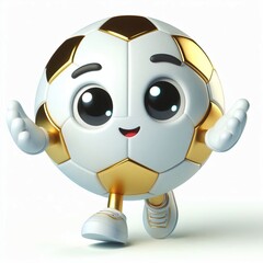 Obraz premium Animated character 3D image of a happy white gold soccer ball, cute design, white background