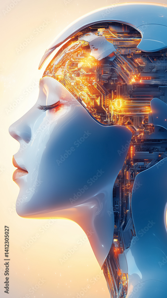 Poster robot woman with glowing circuitry has a soft expression. artistic setting features smooth lines and