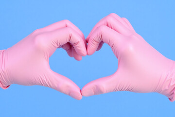 Fototapeta premium two pink gloves making a heart shape with their hands