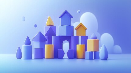 Abstract 3D Render of Colorful Building Blocks Forming a Miniature Cityscape Against a Soft Blue Background