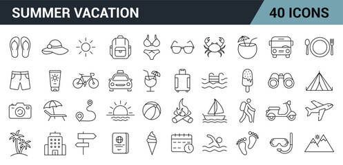 Summer Vacation Line Editable Icons Set. Includes beach, travel, activities, relaxation, weather, vacation environment, symbols. Vector illustration.