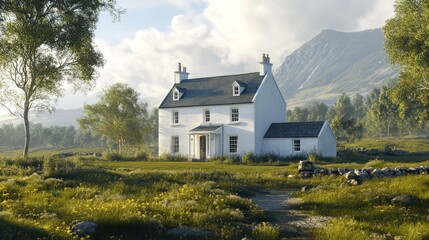 Obraz premium Picturesque white farmhouse nestled in a grassy meadow, surrounded by trees and mountains