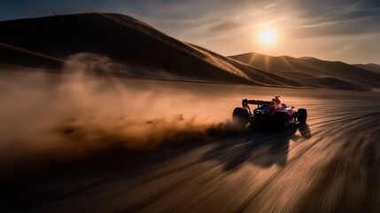 Desert race car speeds through sand dunes at sunset