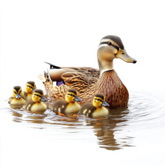 Mother duck with her ducklings swimming in water isolated on white background