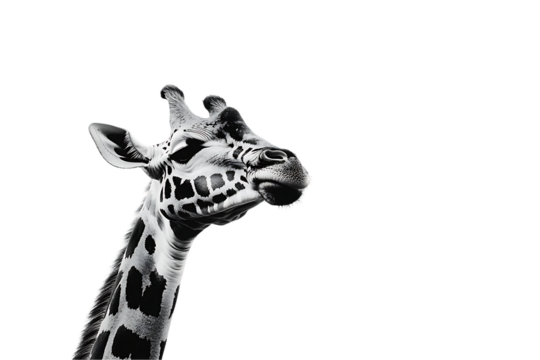 Giraffe Portrait: High-Contrast Black and White, Head Turned, Isolated on White.