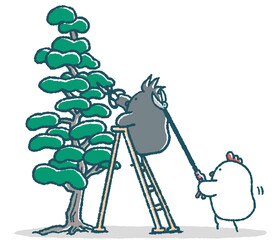 ゆるいにわとりは高枝切りばさみでカラスは木に登って剪定する