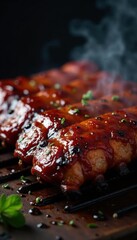 Juicy BBQ ribs, smoky grill, glistening glaze,  delicious,  honey