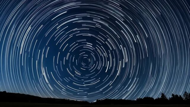 A mesmerizing view of star trails creating circular patterns in the night sky, showcasing celestial beauty.