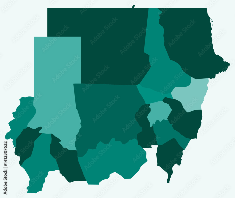 Poster map of sudan with regions. just a simple country border map with region division. teal color palette