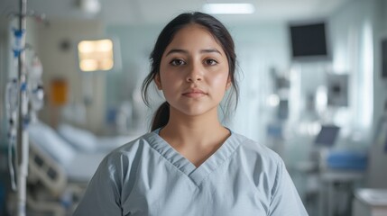 Fototapeta premium A young Latina woman dressed in scrubs stands confidently in a modern healthcare setting, embodying professionalism and dedication to patient care.