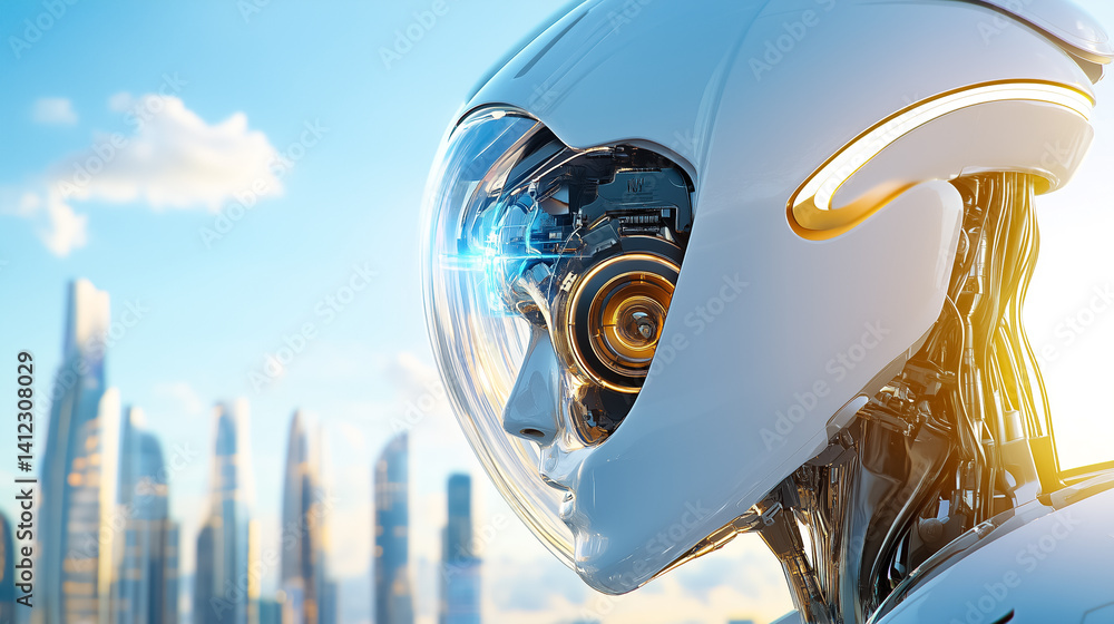 Poster futuristic robot with sleek design and transparent head displaying intricate mechanics. bright sunse