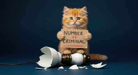 Kitten with Criminal Sign on Broken Lamp