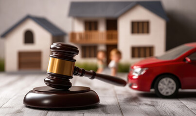 divorce dispute symbolized by gavel, house, and car models: legal complexities in family separation. blurred child silhouette emphasizes emotional impact on dependents. powerful marital property divis