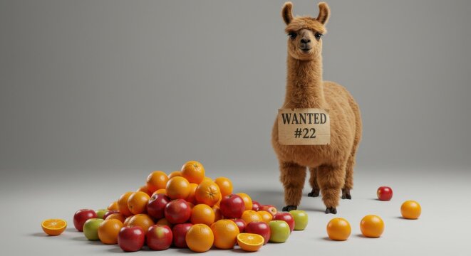 Confused Llama with Stolen Fruit and Wanted Poster