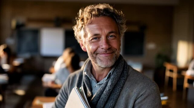Bust-length portrait of a kind and passionate professor standing in a warmly lit classroom, holding books and smiling with calm confidence, Generative AI