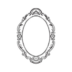 A french style frame in baroque vintage romantic feminine style. Hand drawn in black line. 