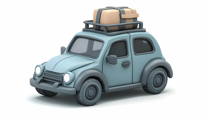 Light Blue Isometric Car with Luggage on Top Ready for a Road Trip on a White Isolated Background