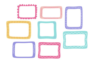 Cute vector set of hand-drawn frames in various pastel colors including pink, blue, yellow, and purple. Ideal for scrapbook designs, children’s decor, note templates, invitations, or  journaling