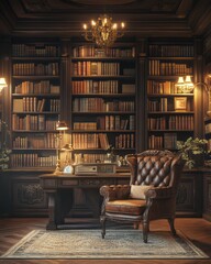 Dark antique library interior design