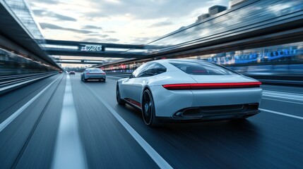 Futuristic white car speeding on city highway with elevated road and blurred background