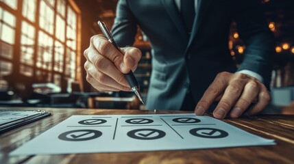 Businessman checking checklist in cafe