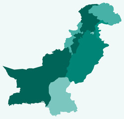 Map of Pakistan with regions. Just a simple country border map with region division. Teal color palette. Plain Islamic Republic of Pakistan shape with administrative division. Vector illustration.