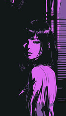 Create an intense, evocative portrait in the Japanese retro anime style of the 80s and 90s The scene features a feale bathed in deep dark light The background is stark