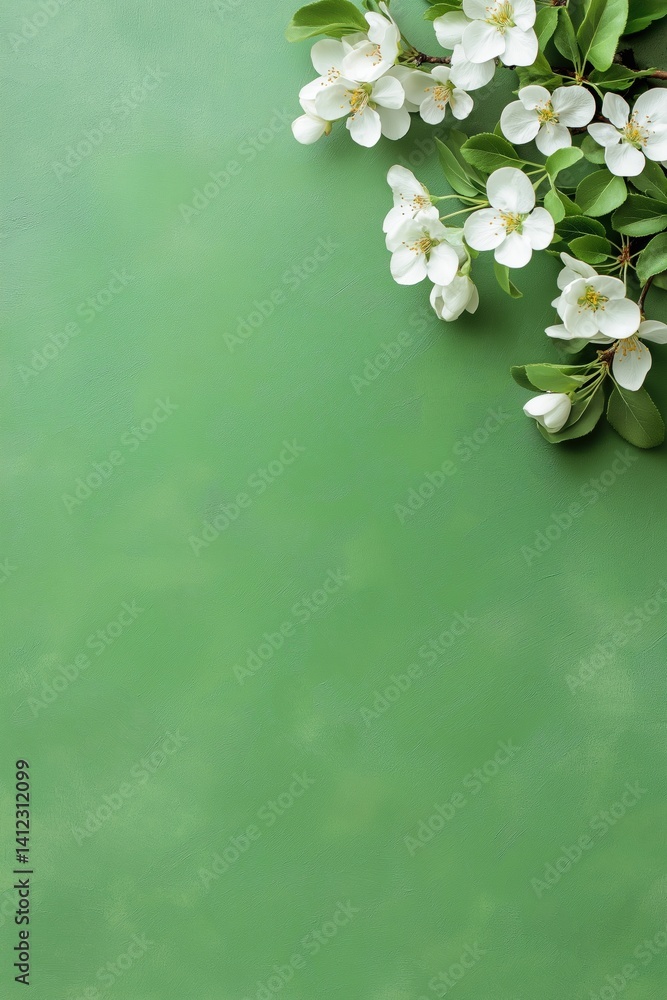 Poster a green background with white flowers in the foreground. the flowers are arranged in a way that they