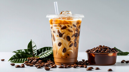 Refreshing iced coffee in plastic cup with coffee beans