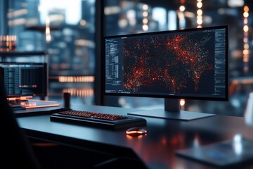 Modern workspace with complex data visualization on a monitor.  Cityscape view