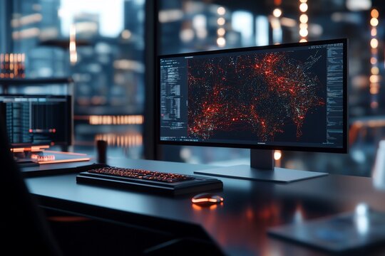 Modern workspace with complex data visualization on a monitor.  Cityscape view