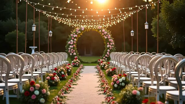 A beautifully decorated outdoor wedding venue with floral arrangements and lights, creating a romantic atmosphere.