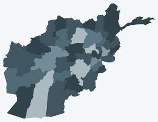 Fototapeta premium Map of Afghanistan with regions. Just a simple country border map with region division. Blue grey color palette. Blank Afghanistan shape with administrative division. Vector illustration.