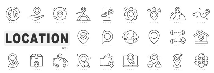 Set of location related line icons. Pointer, marker, pin, direction etc. Editable stroke
