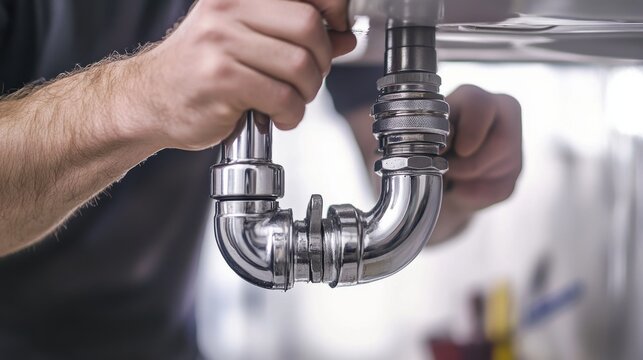 Plumber tightening connections on a pipe under a sink. Featuring skill and focus