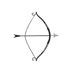 A black and white illustration of a bow and arrow. The bow is drawn in a simple, minimalist style with a curved shape and a pointed tip. 