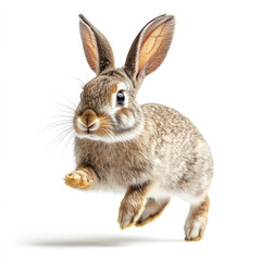 Obraz premium Rabbit leaping joyfully in mid-air, displaying agility and energy, isolated on white background