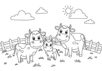 Obraz premium Adorable cow family in a sunny pasture simple line drawing perfect for coloring
