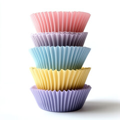 Four stacked colorful baking cups perfect for cupcakes or muffins isolated on white background