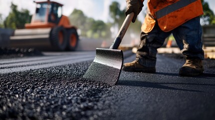 Road construction worker smoothing asphalt with a trowel. Featuring precision and surface finishing