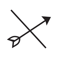 A black and white illustration of a bow and arrow. The bow is drawn in a simple, minimalist style with a curved shape and a pointed tip. 