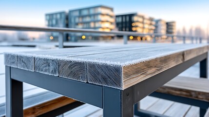 Frosty Winter Morning Close up of Frosted Wooden Park Bench with Modern Building Background
