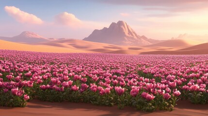 Fototapeta premium Pink tulip field blooms in a desert landscape.